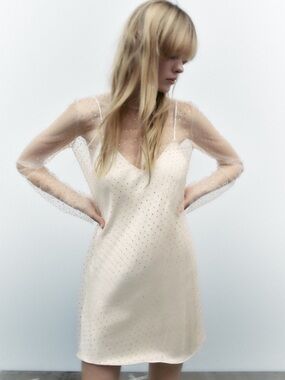 Zara Cream Sheer Slip Dress With Mesh Rhinestone Overlay